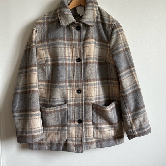H&M cream tan coat with muted blue plaid - Picture 8 of 11
